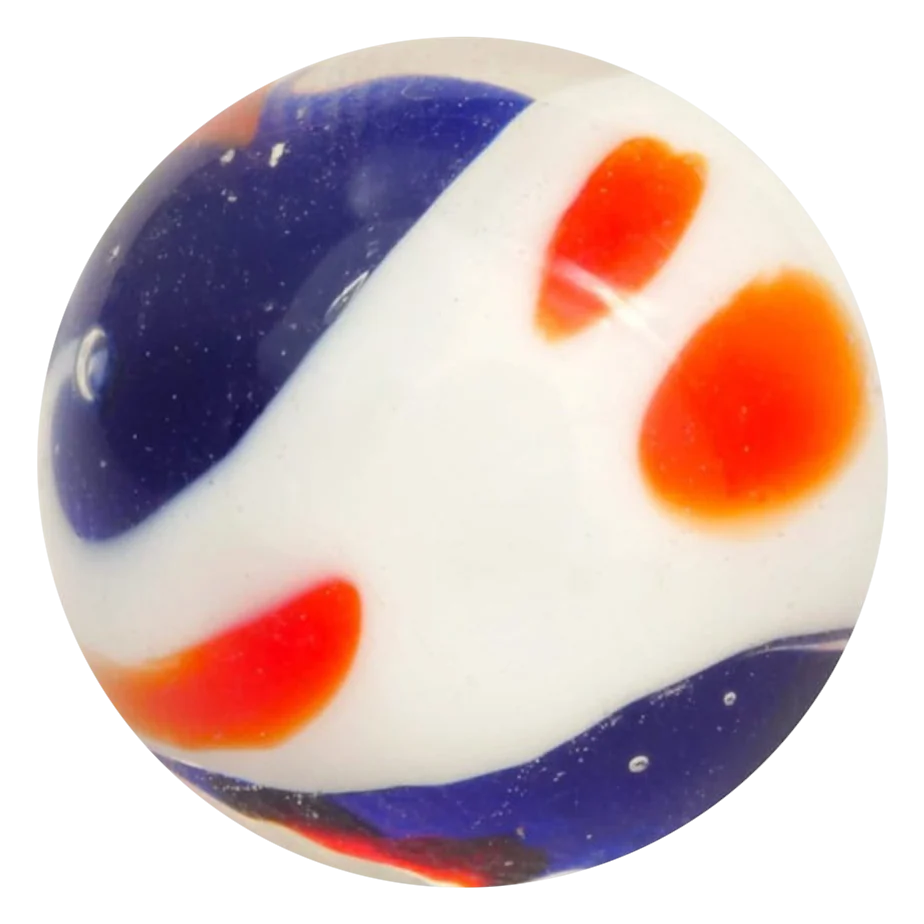 Yin Yang blau-weiß 16mm: handgefertigte Glasmurmel in Dunkelblau und Weiß mit orangefarbenen Flecken