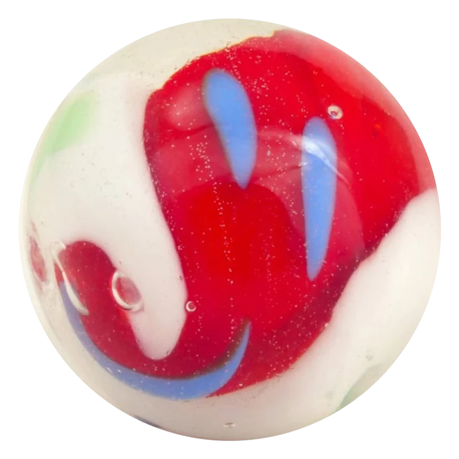 Yin Yang rot-weiß 16mm: handgefertigte Glasmurmel in Rot und Weiß mit hellblauen Linien