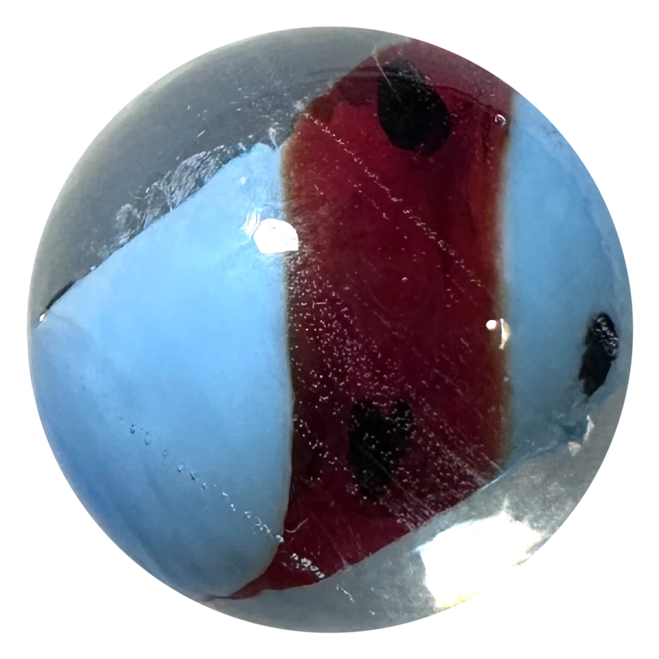 Yin Yang hellblau-rot 16mm: handgefertigte Glasmurmel in Hellblau und Dunkelrot mit schwarzen Punkten