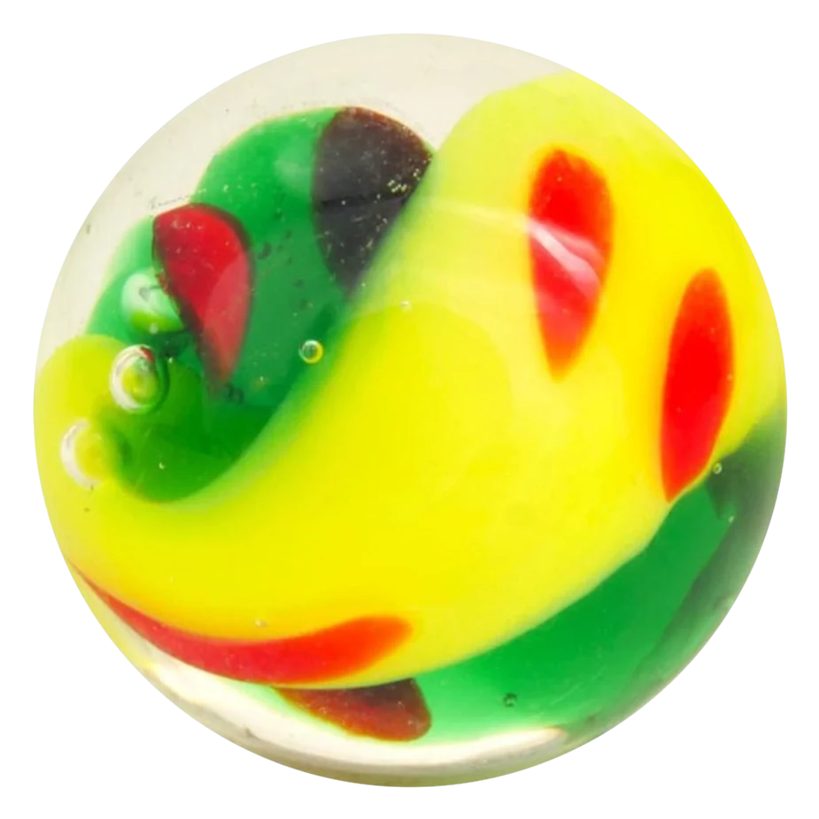 Yin Yang gelb-grün 16mm: handgefertigte Glasmurmel in Gelb und Grün mit roten Flecken