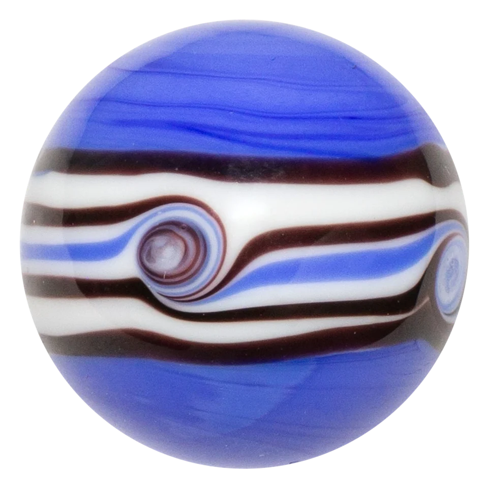 Riptide violett 16mm: handgefertigte Glasmurmel in Blauviolett mit weißem Band und schwarzen Linien