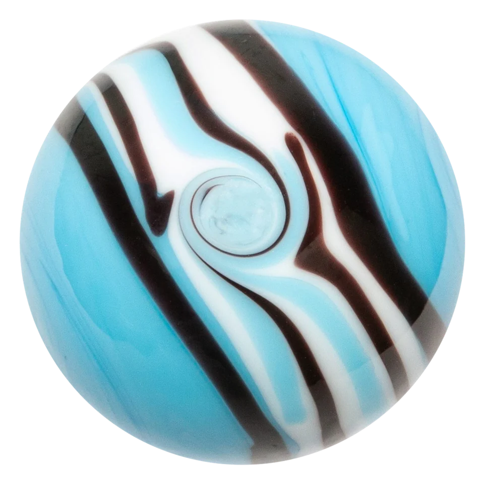 Riptide blau 16mm: handgefertigte Glasmurmel in Hellblau mit weißem Band und schwarzen Linien