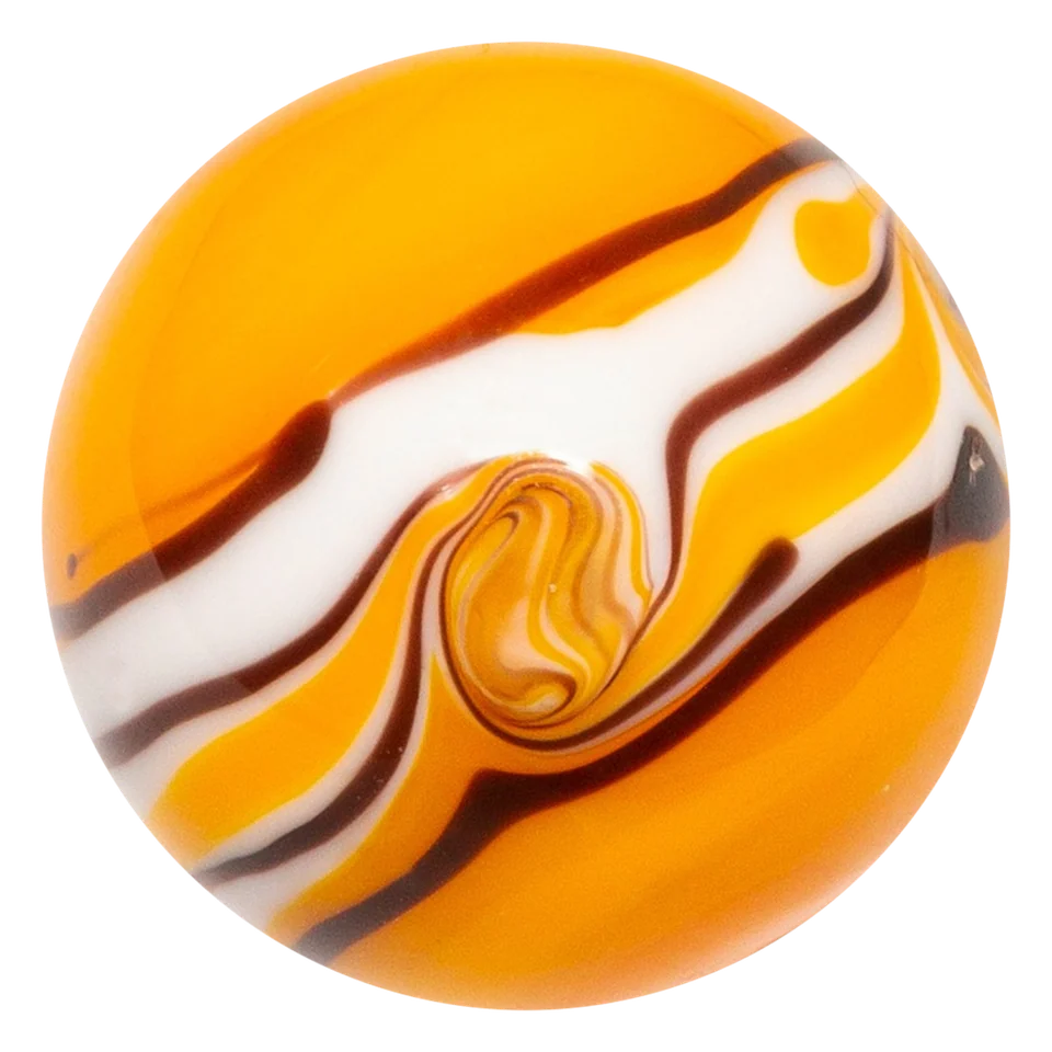 Riptide orange 22mm: handgefertigte Glasmurmel in Gelborange mit weißem Band und schwarzen Linien