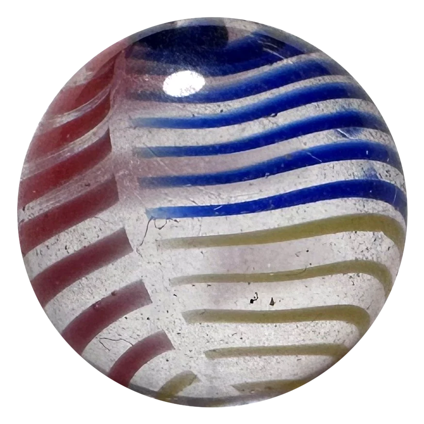 Kirmes 16mm: Glasmurmel aus klarem Glas mit roten, blauen und gelben Linien